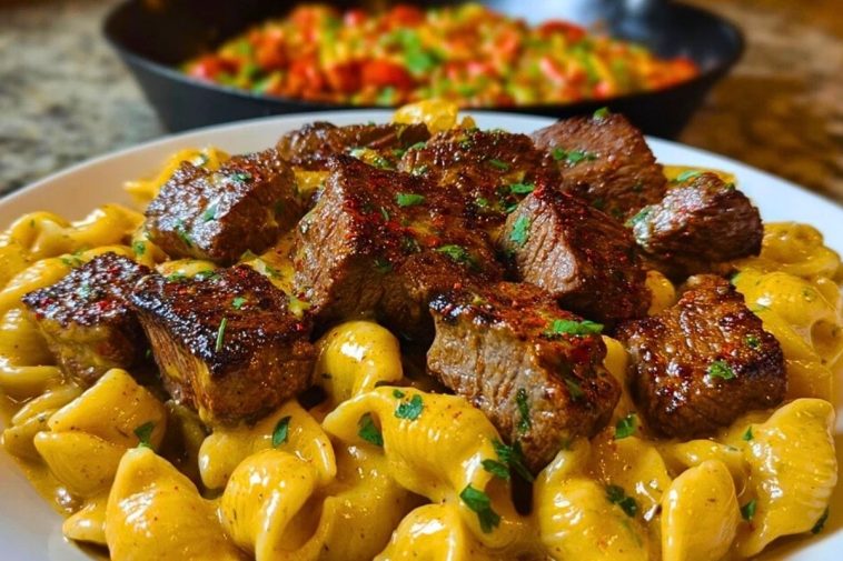 Cajun Steak Bites with Cheesy Garlic Shell Pasta Skillet