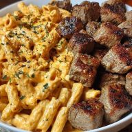 Cajun Steak Tips in Cheesy Penne Parmesan Sauce