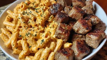 Cajun Steak Tips in Cheesy Penne Parmesan Sauce