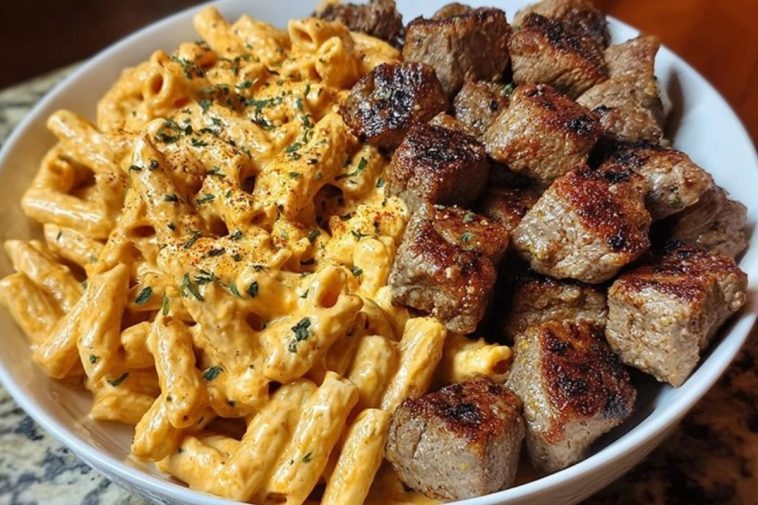 Cajun Steak Tips in Cheesy Penne Parmesan Sauce