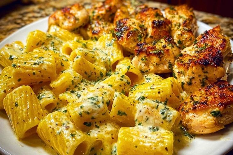 Cheesy Garlic Butter Chicken Rigatoni in Creamy Alfredo Sauce