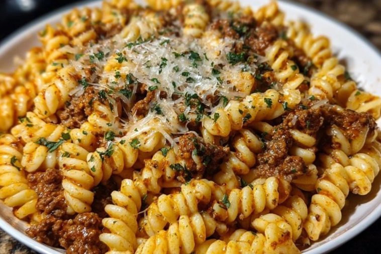 Cheesy Garlic Twisted Pasta with Cajun Ground Beef and Alfredo Velveeta