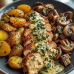 Chestnut Garlic Greek Chicken Alfredo with Sage Potatoes & Mushroom Basil Pesto Cream