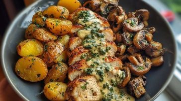 Chestnut Garlic Greek Chicken Alfredo with Sage Potatoes & Mushroom Basil Pesto Cream