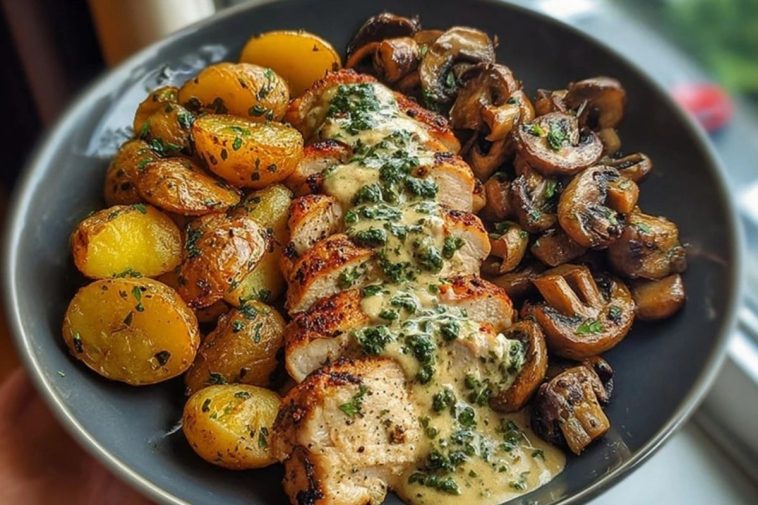 Chestnut Garlic Greek Chicken Alfredo with Sage Potatoes & Mushroom Basil Pesto Cream