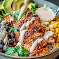 Chipotle Chicken Bowl with Black Beans, Corn, & Creamy Sauce