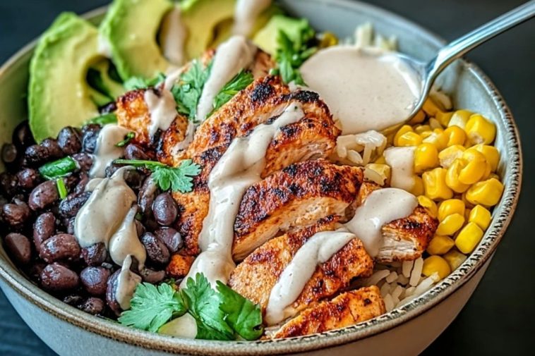 Chipotle Chicken Bowl with Black Beans, Corn, & Creamy Sauce