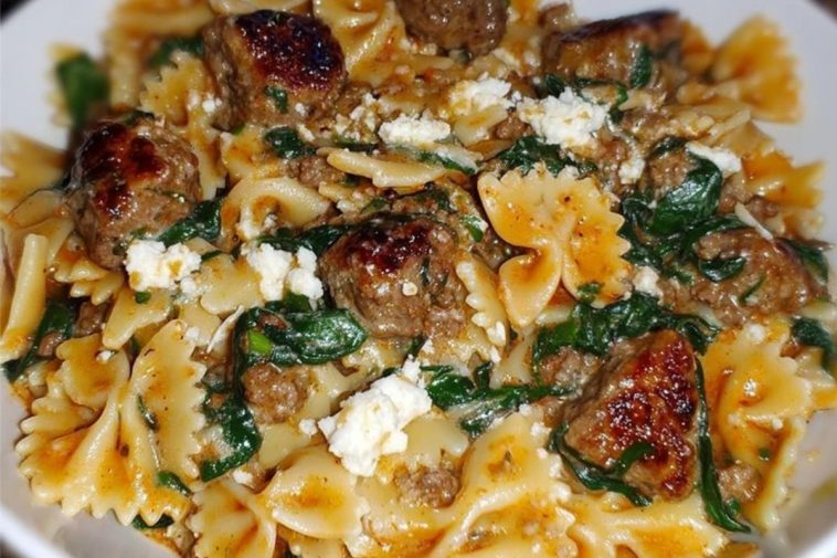 Creamy Garlic Butter Beef Bowtie Pasta with Italian Sausage & Spinach