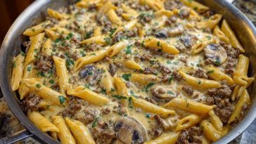 Creamy Velveeta Beef Stroganoff and Penne Pasta