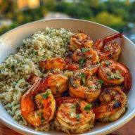 Delicious Creamy Garlic Butter Shrimp Bowl Recipe with Herb Rice