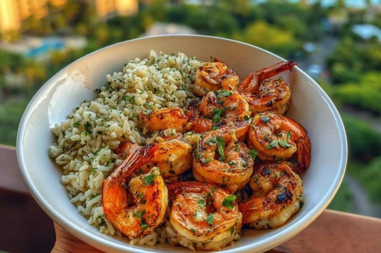 Delicious Creamy Garlic Butter Shrimp Bowl Recipe with Herb Rice