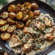 Delicious Creamy Mushroom Garlic Chicken Alfredo Recipe with Hot Honey Roasted Potatoes