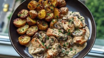 Delicious Creamy Mushroom Garlic Chicken Alfredo Recipe with Hot Honey Roasted Potatoes