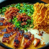 Fiery Chicken Ramen with Creamy Garlic Sauce