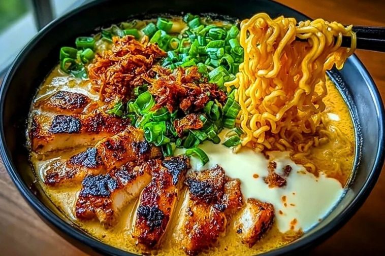 Fiery Chicken Ramen with Creamy Garlic Sauce