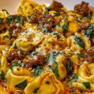 Garlic Butter Tortellini in Creamy Sauce with Beef, Italian Sausage & Spinach