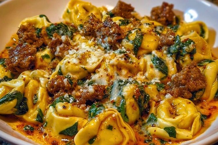 Garlic Butter Tortellini in Creamy Sauce with Beef, Italian Sausage & Spinach
