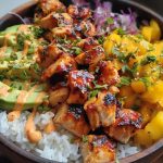 Grilled Maple Sriracha Chicken Bites with Coconut Rice & Mango Avocado Salsa Bowl with Chili Mayo