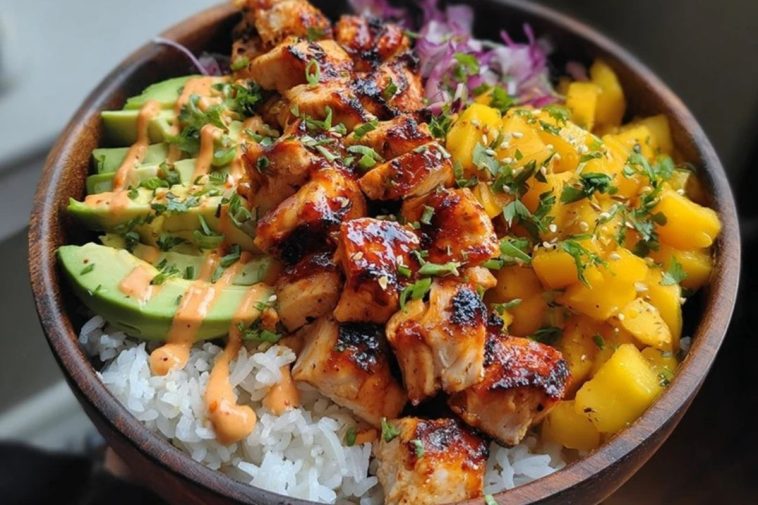 Grilled Maple Sriracha Chicken Bites with Coconut Rice & Mango Avocado Salsa Bowl with Chili Mayo