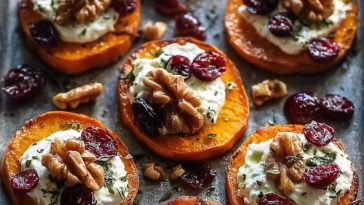Roasted Sweet Potato Rounds with Herbed Ricotta, Walnuts, and Cranberries