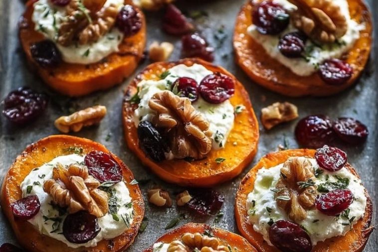 Roasted Sweet Potato Rounds with Herbed Ricotta, Walnuts, and Cranberries