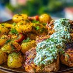 Spicy Yogurt Marinated Chicken with Dill Feta Cream & Crispy Baby Potatoes