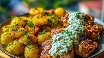 Spicy Yogurt Marinated Chicken with Dill Feta Cream & Crispy Baby Potatoes