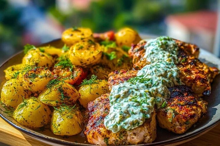 Spicy Yogurt Marinated Chicken with Dill Feta Cream & Crispy Baby Potatoes
