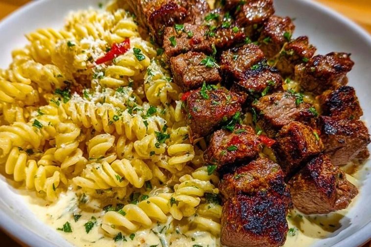 Steak Bites and Cheesy Rotini in Garlic Parmesan Sauce