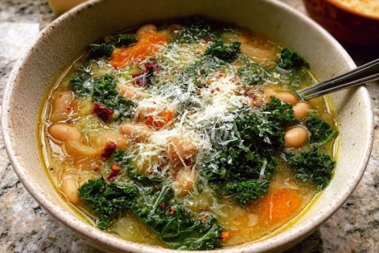 White Bean & Greens Soup with Kale, Spinach, and Parmesan