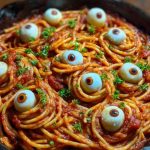 Bloody Spaghetti with Mozzarella Eyeballs