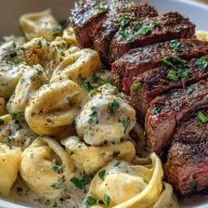 Garlic Butter Steak with Cheesy Alfredo Tortellini Bliss