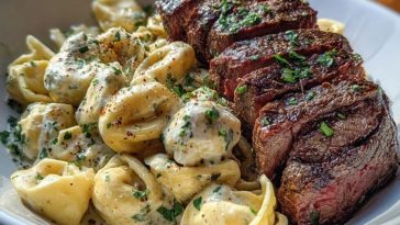 Garlic Butter Steak with Cheesy Alfredo Tortellini Bliss